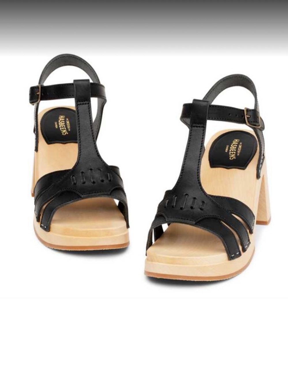 Swedish Hasbeens Black T-Strap Block Heel Sandals